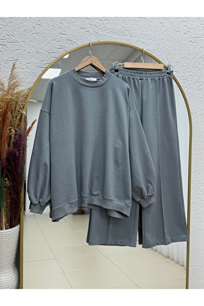 MİHRA STORE Dilşah Bol Sweat Two Thread Pants Set-Nl222 Gray