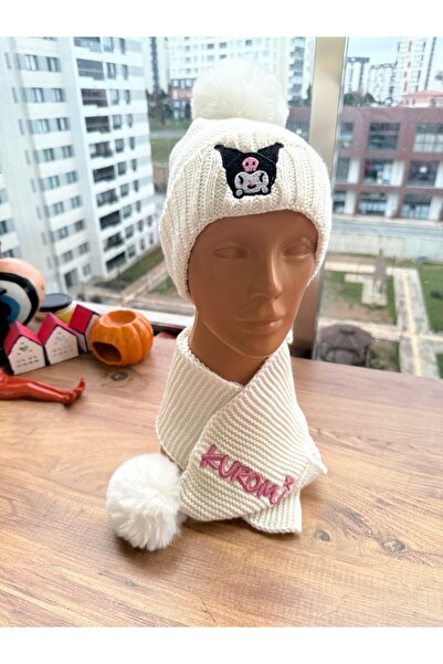 Blotch Kuromi Embroidered Girl's Pompom Cream Color 2-Piece Scarf Beanie Set