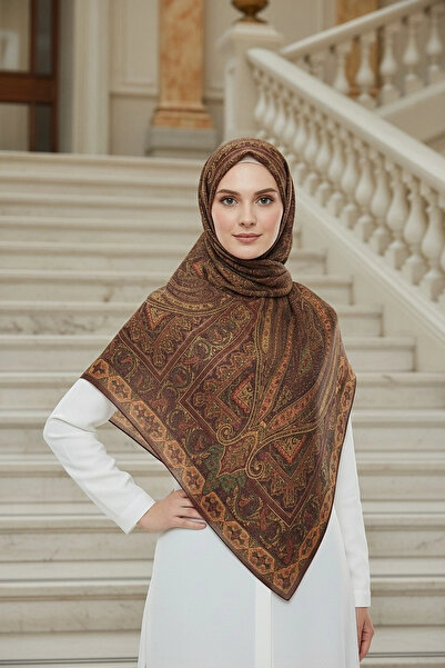 Noorella Scarf Yankı - Retro Desen Şal Kahverengi - Kaymaz ve Yumuşak Dokulu Şal