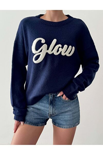 ibeeka Glow Slogan Embroidery Detailed Knitwear Sweater Navy Blue Color - Nav...