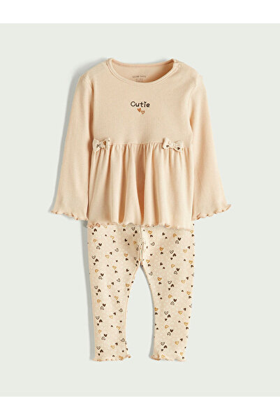 LC Waikiki Lcw Baby Beige Crew Neck Embroidered Baby Girl 2-Piece Set
