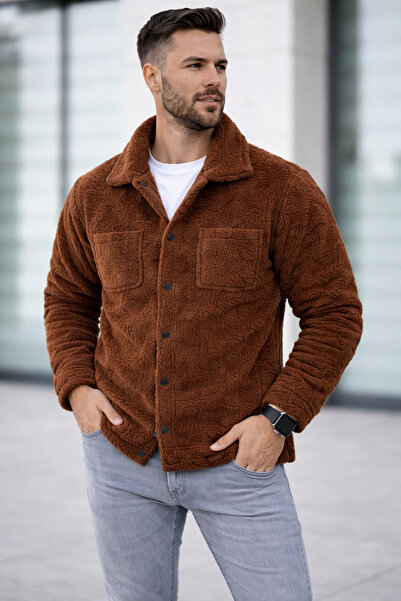 LACHAREL Unisex peluş gömlek ceket - düğmeli, çift cepli kışlık