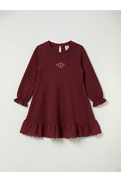 LC Waikiki Бургундска бродерирана рокля с дълги ръкави за момичета