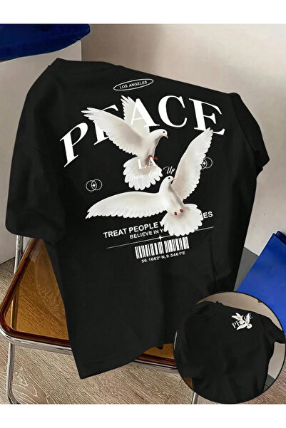one button Unisex Peace Tasarımlı Basic Bisiklet Yaka Regular T-shirt %100 Pamuk