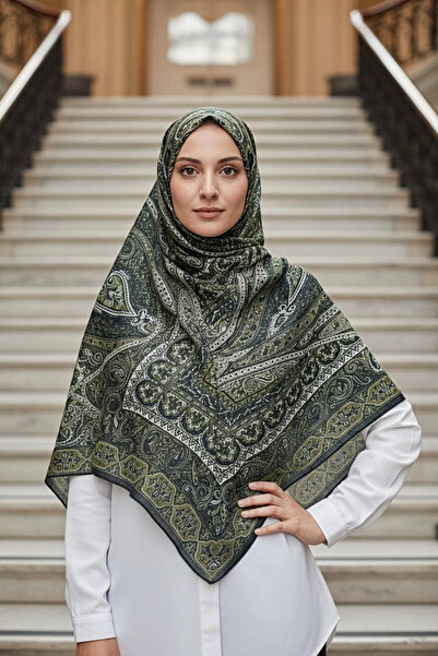 Noorella Scarf Yankı - Retro Desen Şal Haki - Kaymaz ve Yumuşak Dokulu Şal