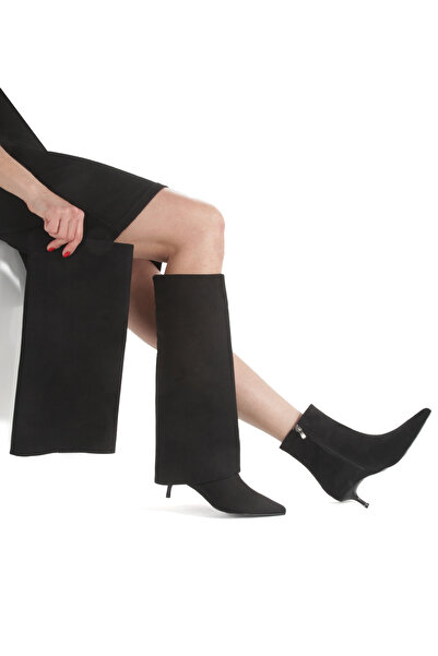 Ayakkabı Podyumum Black Suede Pointed Boots-Boots 5 cm Thin Heel New Season