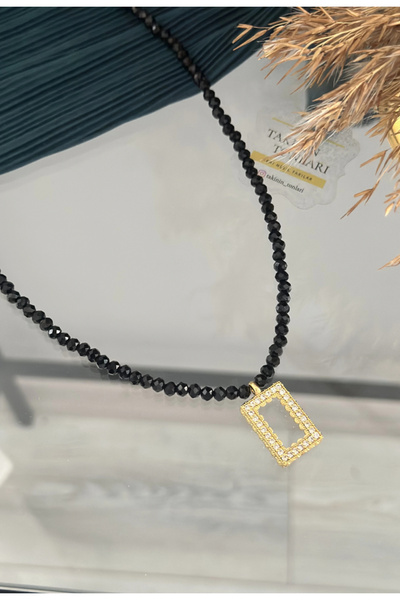 takinintonlari Siyah Kristal Boncuklu Gram Altınlık Kolye (60 cm)