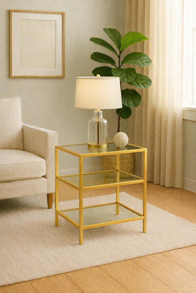 Trendmiz VELMARK Modern Loft Tarz 3 Katlı şeffaf Camlı Sehpa – Gold Metal Göv...