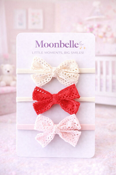 Moonbelle مجموعة ربطات شعر من الدانتيل للفتيات - كريمي، أحمر ومسحوق (3 قطع)
