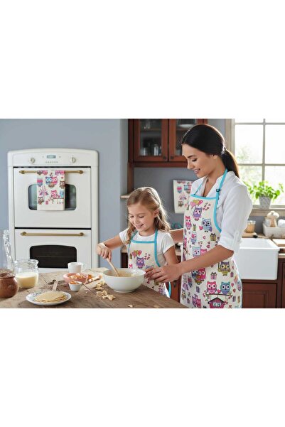 Renkli Düşler Atölyesi Anne-Çocuk (Anne Kız) Mutfak Önlüğü Seti + %100 Pamuk ...