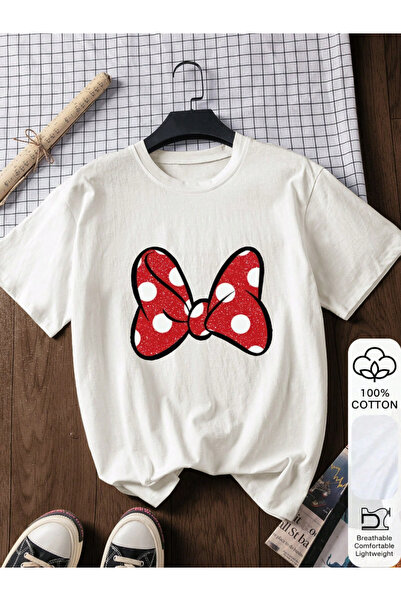 one button Tricou unisex roșu cu buline și panglică imprimată, cu gât rotund,...