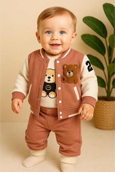 Pure Boutique Costumas 3 piese baietel cu ursulet, hanorac varsity si pantaloni