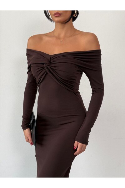Perry Boutique Kadın Kahve Madonna Yaka Düğüm Detaylı Uzun Elbise