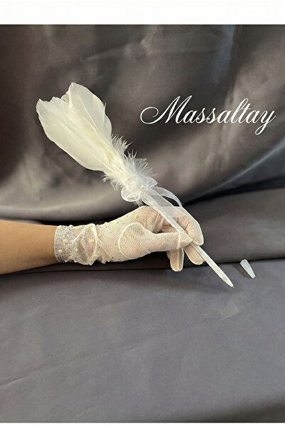 Massaltay Beyaz Tüylü Nikah Kalemi Magnet Hediyelik Süs Aksesuarı Düğün Nişan...