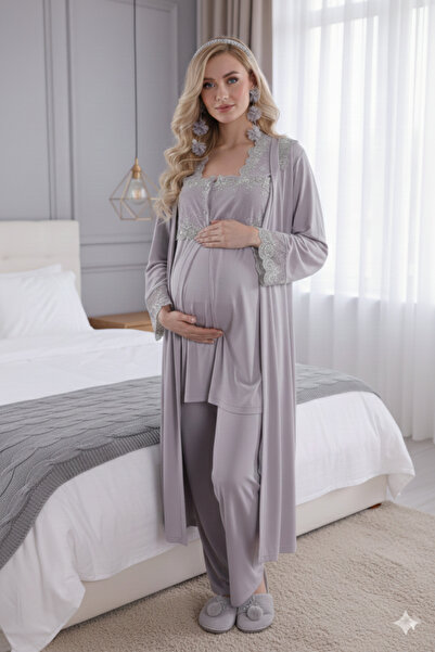 Lohussa Gray Long Dressing Gown with Buttons Special Design 100% Cotton Mater...