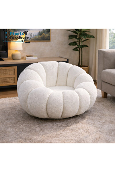 PixelsFurniture Swivel fabric chair with a round geometric design, boucle fab...
