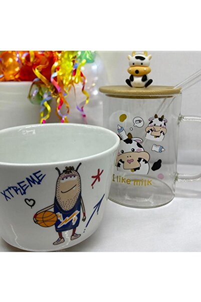 ALEV EMAYE 2’li Şirin yemek Seti - Cam Pipetli Kupa & Porselen erkek Çocuk Ma...