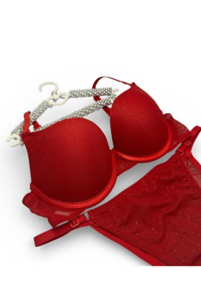 victoria kiss Simli Balenli Kırmızı Sütyen Takım-İç Çamaşır Takımı
