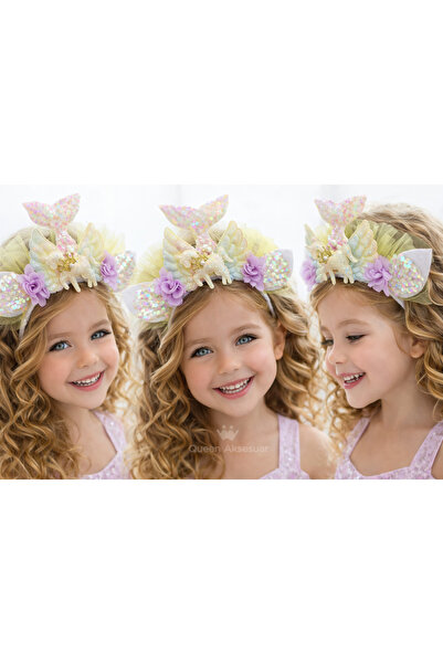 QUEEN AKSESUAR Coroană de unicorn cu sclipici pentru fetiță prințesă, cu coad...