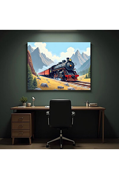 Printees Painting - Mountain Landscape with Steam Locomotive - Canvas on Frame