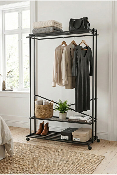 Vovikon Metal 3 Raflı Tekerlekli Elbise Askısı Ayaklı Askılık Portmanto