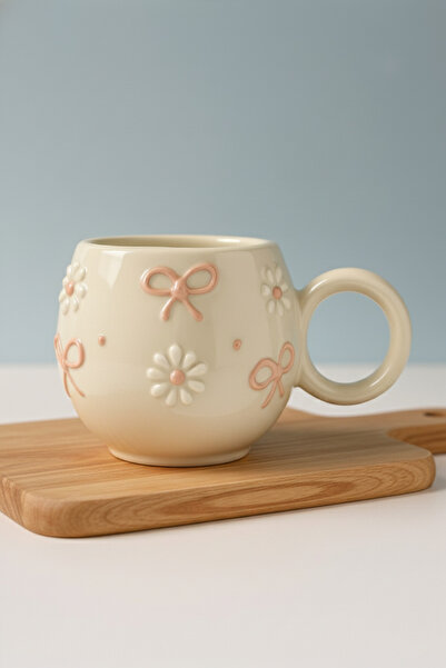 KYA CERA Pembe Kurdele & Papatya Kabartmalı Tekli El Yapımı Kupa