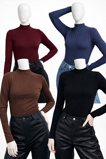 belpa Women's Black Navy Blue Burgundy Brown 4-Piece Long Sleeve Bodysuit