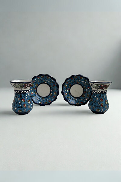 KYA CERA Çiçek Desenli El Yapımı Seramik 2’li Çay Bardağı Seti – Mavi