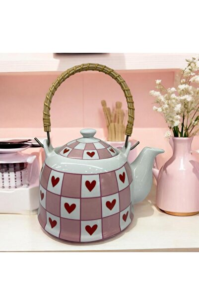 ALEV EMAYE Love Seri Porselen Hasır Saplı Bitki Çayı Demliği -
