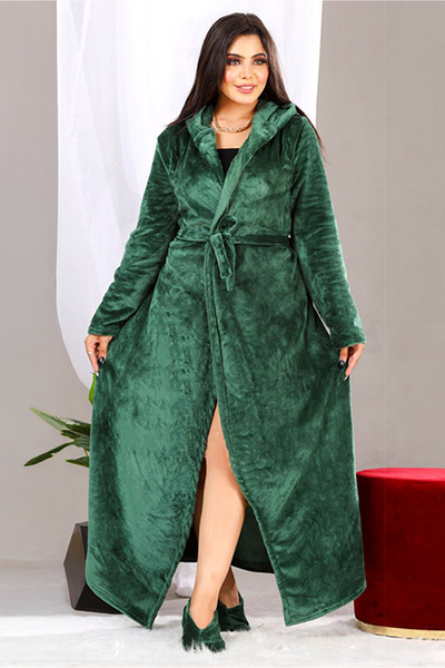 AsrymShop Long winter velvet robe with a hood and olive belt