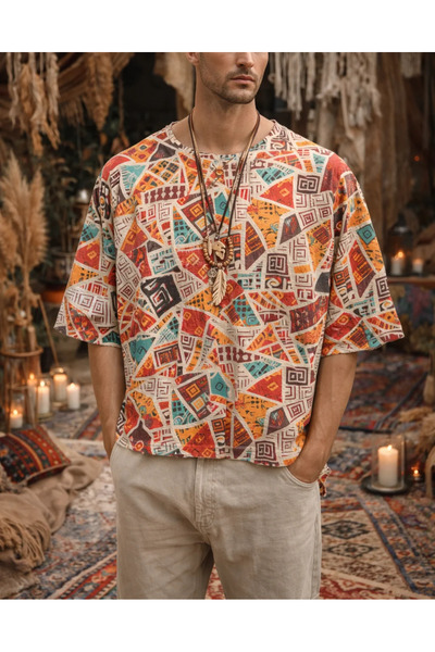 FıttingRoom Oversized Fakir Kol Cotton Linen Patterned Tshirt