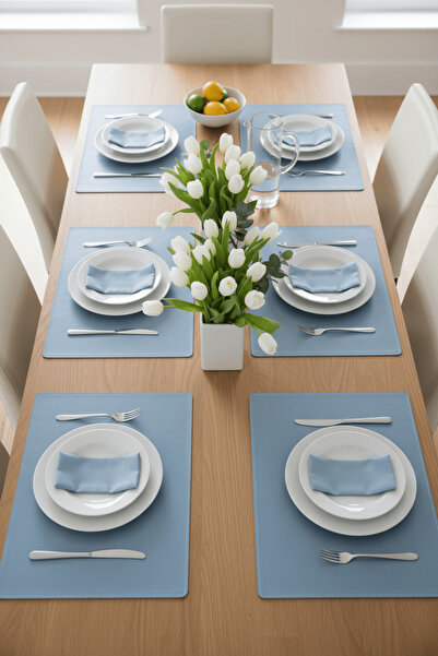 RAVZADERİ 6 Kişilik 12 Parça Dikdörtgen Mavi Deri Amerikan Servis Supla Place...