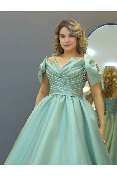 Remassa kadın Fiyonk Detaylı helen Nişanlık Abiye kınalık nişan elbisesi mint