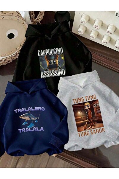 No Plan Φούτερ για αγόρια TUNG TUNG CAPPUCCINO και TRALELERO με στάμπα με κου...