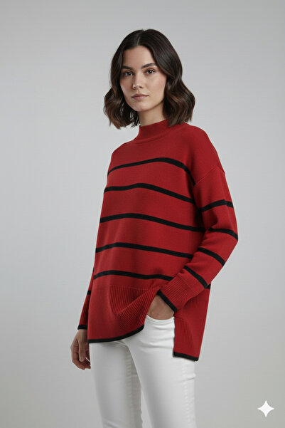 MODA Knitwear Striped Slit Sweater