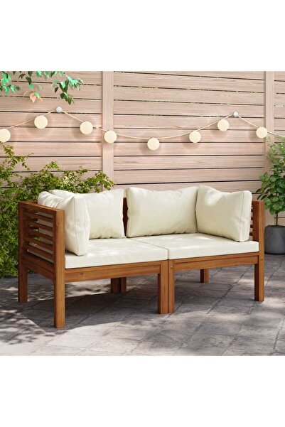 vidaxl كنبتان زاوية مع وسائد بيضاء كريمية من خشب الأكاسيا الصلب