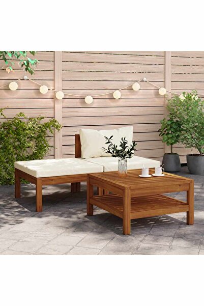 vidaxl طقم صالة حديقة من 3 قطع مع وسائد بيضاء كريمية من خشب الأكاسيا