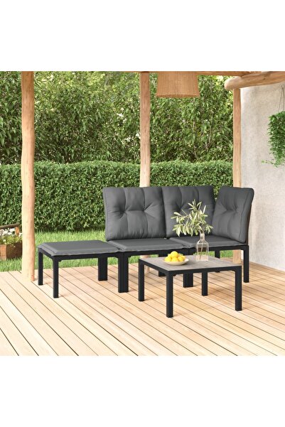 vidaxl طقم أثاث حديقة مكون من 4 قطع من البولي روطان باللونين الأسود والرمادي