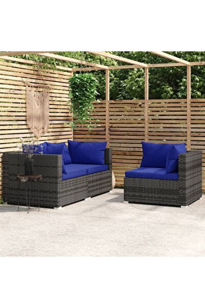 vidaxl طقم أريكة حديقة من 3 قطع مع وسائد من البولي راتان الرمادي