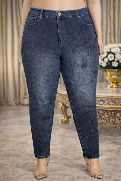 Yeşilmoda Kot Pantolon Kadın Yüksek Bel Likralı Tam Taşlı Uzun Boy 105 cm Lik...