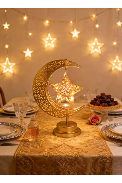 Yoawllty ديكور رمضاني، مصباح ليلي على شكل قمر سحري بإطار معدني ونجمة من الخيز...