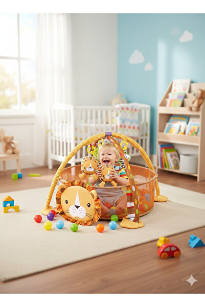 baby toys مركز أنشطة وصالة ألعاب رياضية للأطفال 3 في 1 بتصميم الأسد -يتضمن حو...