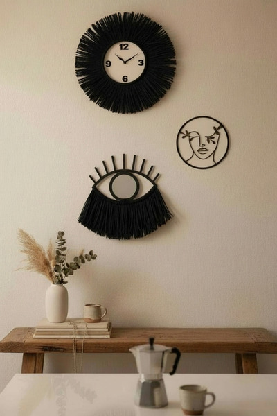 Bubihome 3’lü Bohem Duvar Dekorasyon Seti Siyah| Rafya El Yapımı Duvar Saatli...