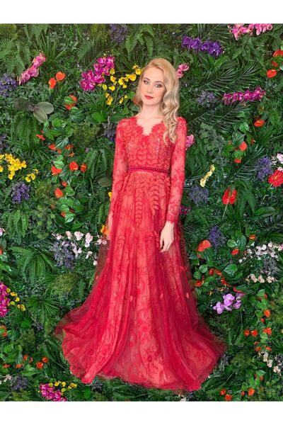 ambar studio Camina lace, tulle and embroidery long evening dress