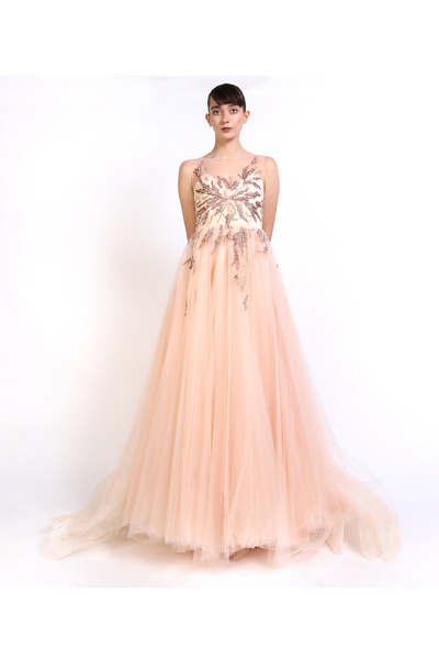 ambar studio Azia pink coral tulle and lace embroidery long evening dress