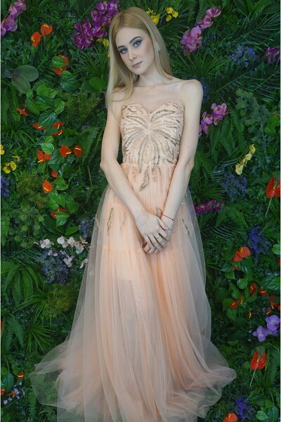 ambar studio Rebecca pink coral tulle and lace embroidery long evening dress
