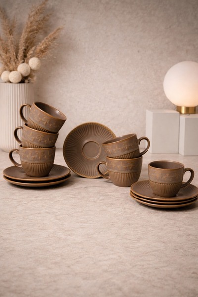 PORLINE Kadıkızı 12 parça 6 kişilik Kestuni Porselen Kahve Fincan Takımı