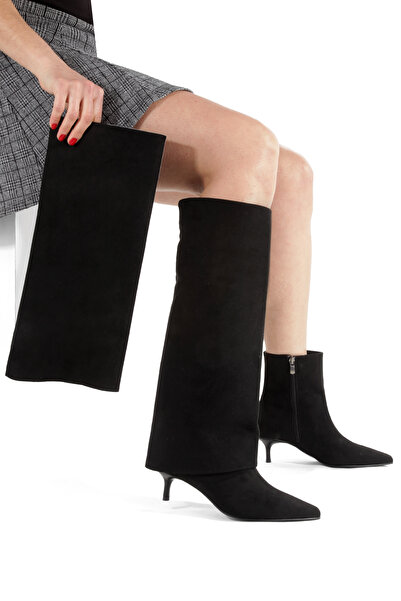 MİNNACE Siyah Süet Bot-Çizme Sivri Burunlu 5 cm İnce Ökçeli Yeni Sezon