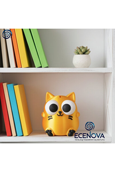 Ece ECENOVA 3D Baskı Kedi Kumbara Hareketli Gözlü Sarı Dekoratif Kumbara