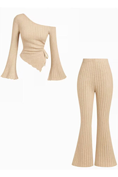 Wildco Beige Corded Fabric Knitwear Asymmetrical One Shoulder Blouse and Flar...